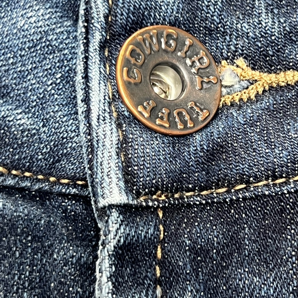 Cowgirl Tuff Western Edge Dark Blue Jeans Womens size 30 X 35 Brown Stitching - Picture 12 of 14